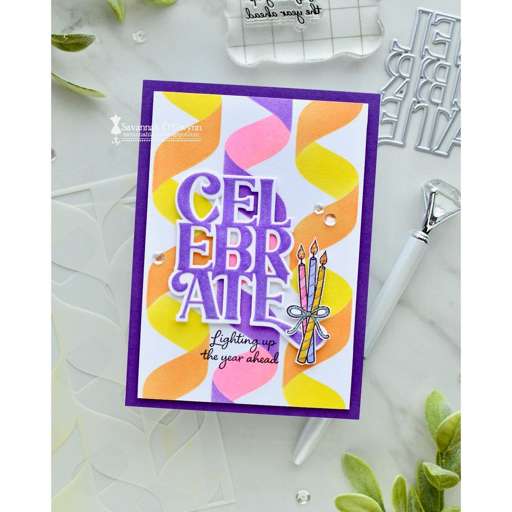 Simon Says Stamp Set of 2 Stencils Background Streamers 1146mt Stamptember Savannah O'Gwynn Celebrate Card