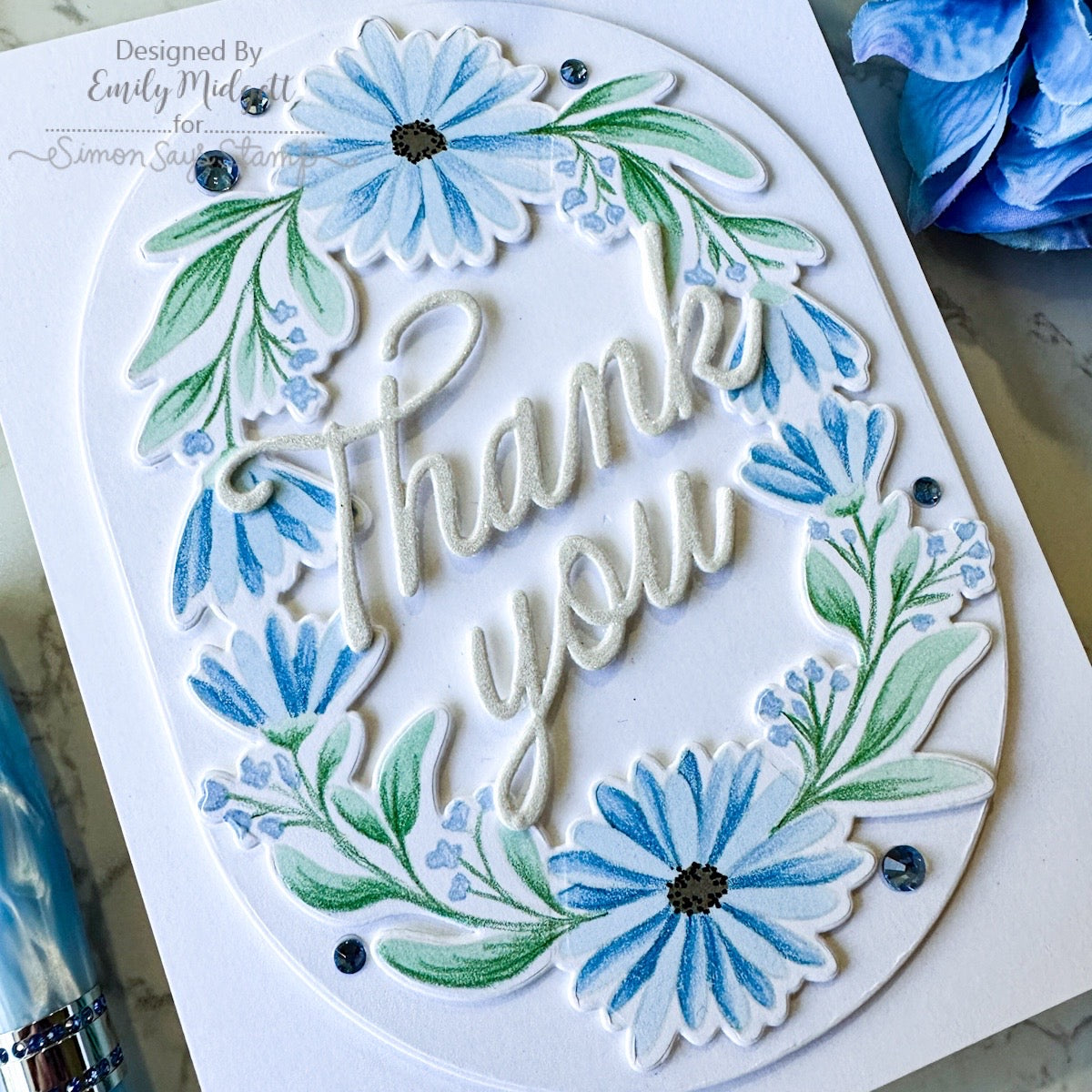 Simon Says Stamp Set of 2 Stencils Daisy Frame 1138stc Every Happiness Emily Midgett Blue Thank You Card