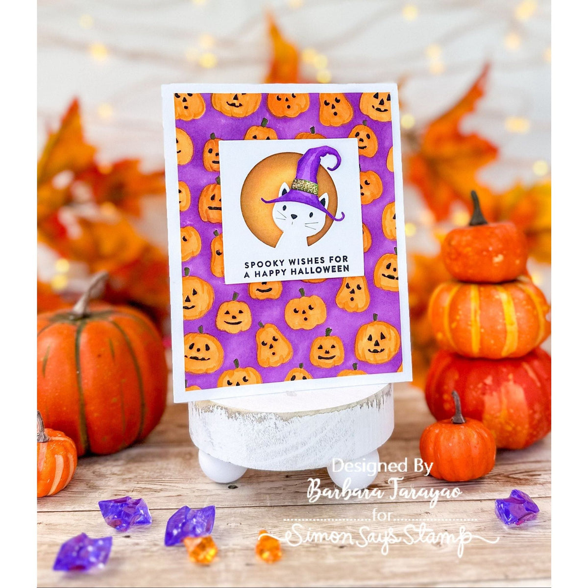 Simon Says Stamp Set of 2 Stencils Glowing Jack O Lanterns 1164stc Barbara Tarayao Quizzical Cat and Cute Pumpkins Halloween Card