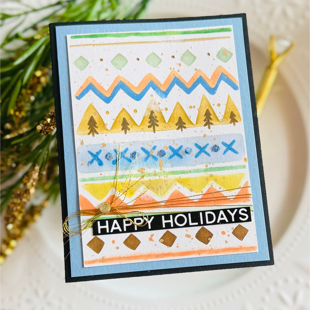 Simon Says Stamp Set of 2 Stencils Scandi Sweater 1170st Sending Cheer Kailaah Naidoo Colorful Nordic Holiday Card