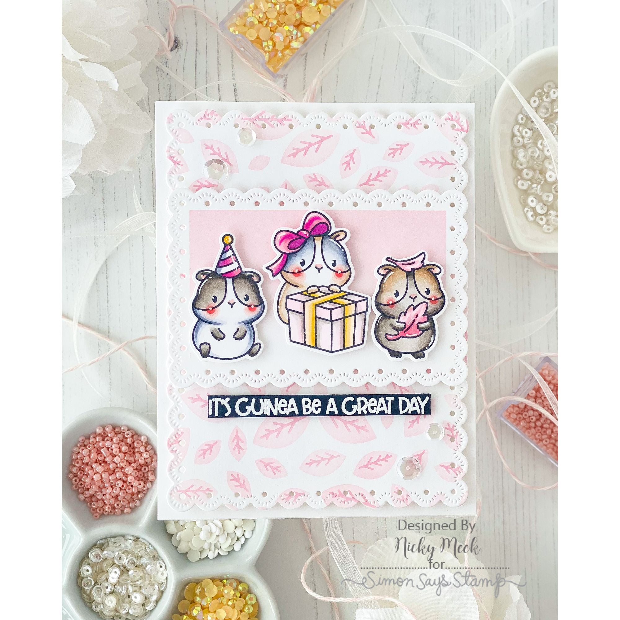 Simon Says Stamp Set of 2 Stencils Scattered Leaves 1110st Beautiful Moments Birthday Card Nicky Meek pink 