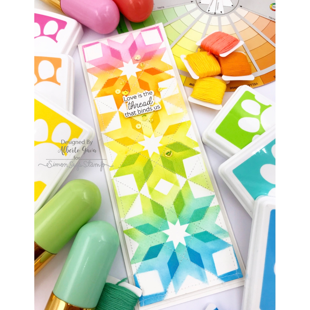 Simon Says Stamp Set of 3 Stencils Patchwork 1099mt Sugar and Spice Slimline Colorful Patchwork Card Alberto Gava | color-code:ALT07