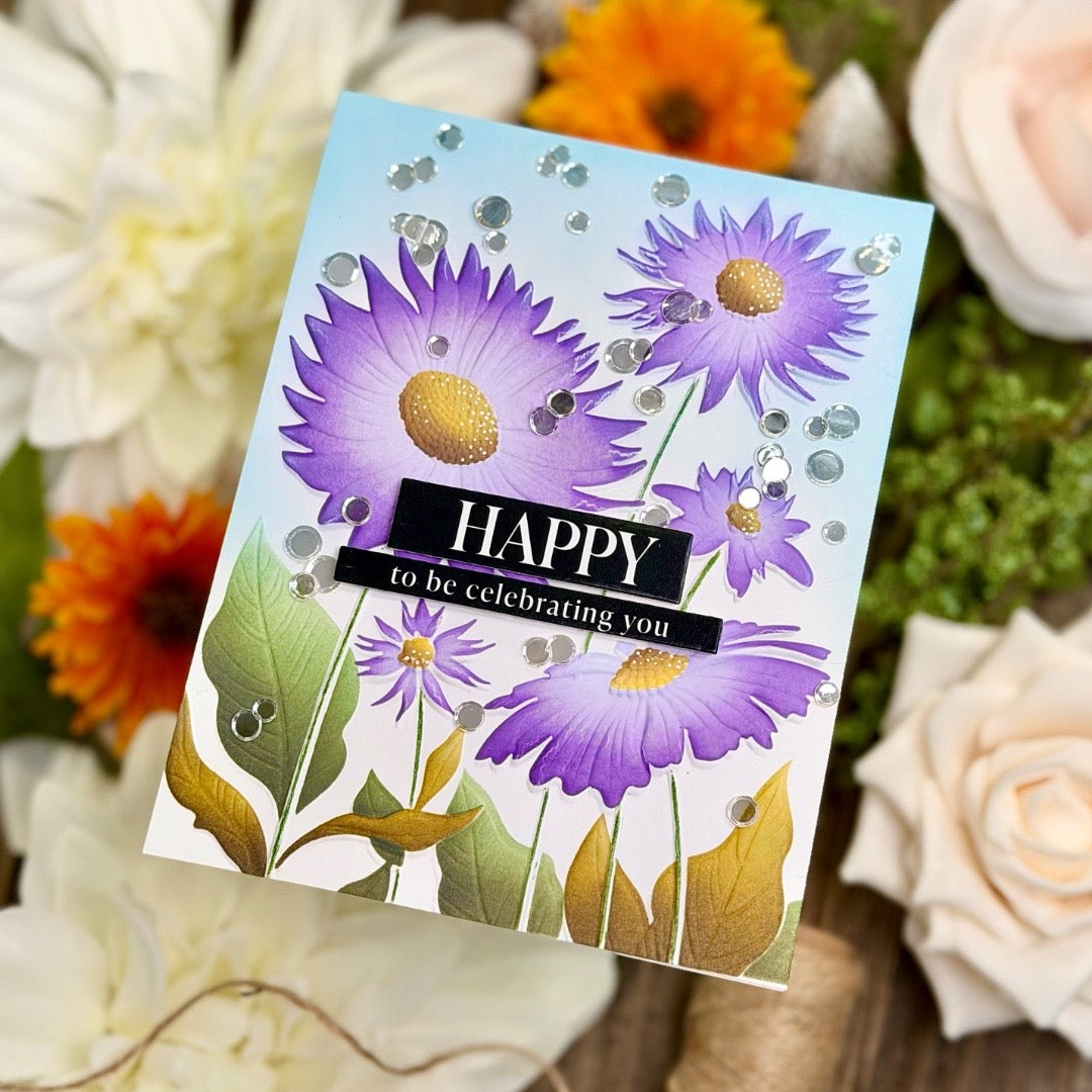 Simon Says Stamp Set of 3 Stencils Splendid Daisies 1167stc Joe Sysavath Purple Flowers Birthday Card