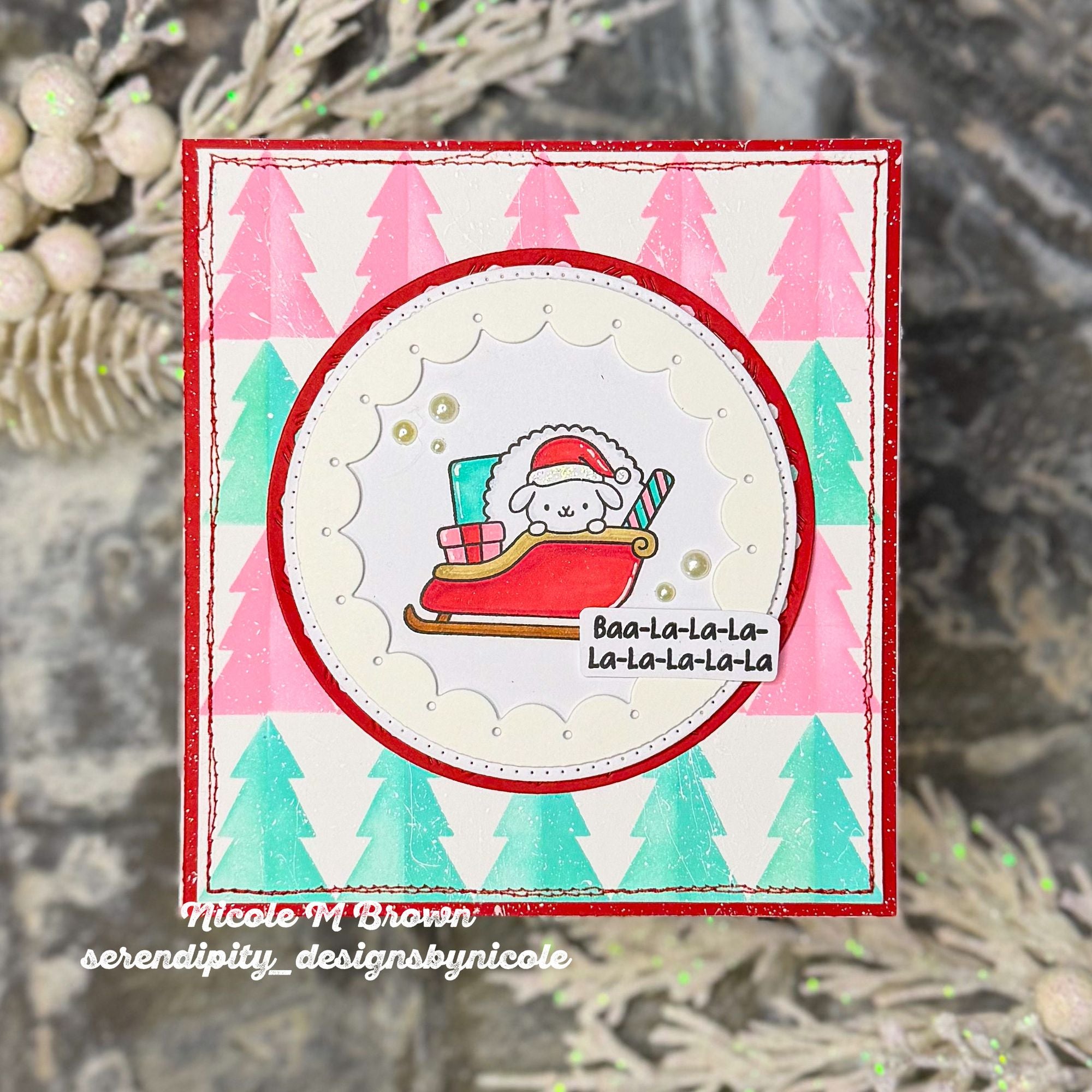Simon Says Stamp Set of 4 Stencils Christmas Tree Halves 1160mt Stamptember Nicole Brown Baa-La-La Card