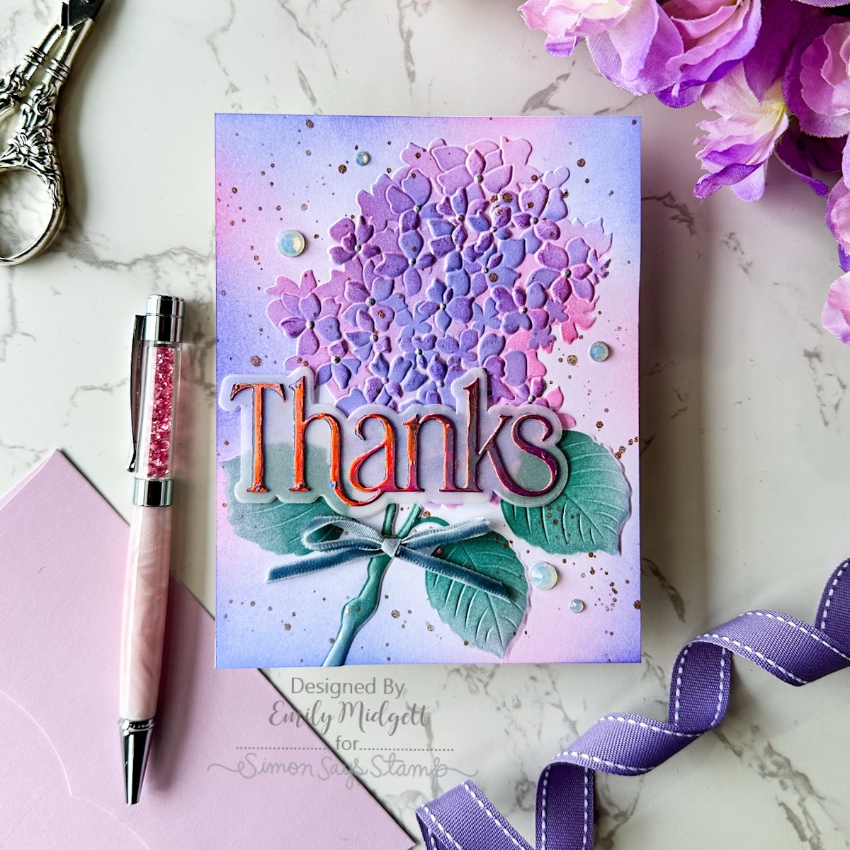 Simon Says Stamp Set of 4 Stencils Gorgeous Hydrangea 1142stc Always There Emily Midgett Glowing Purple Flower Thanks Card | color-code:ALT01