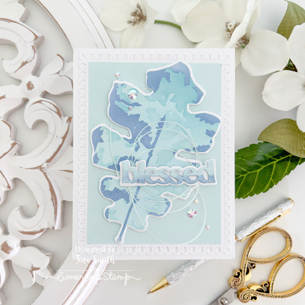 Simon Says Stamp Set of 4 Stencils Oak Leaf 1132mtc Every Happiness Tina Smith Pale Blessings Card