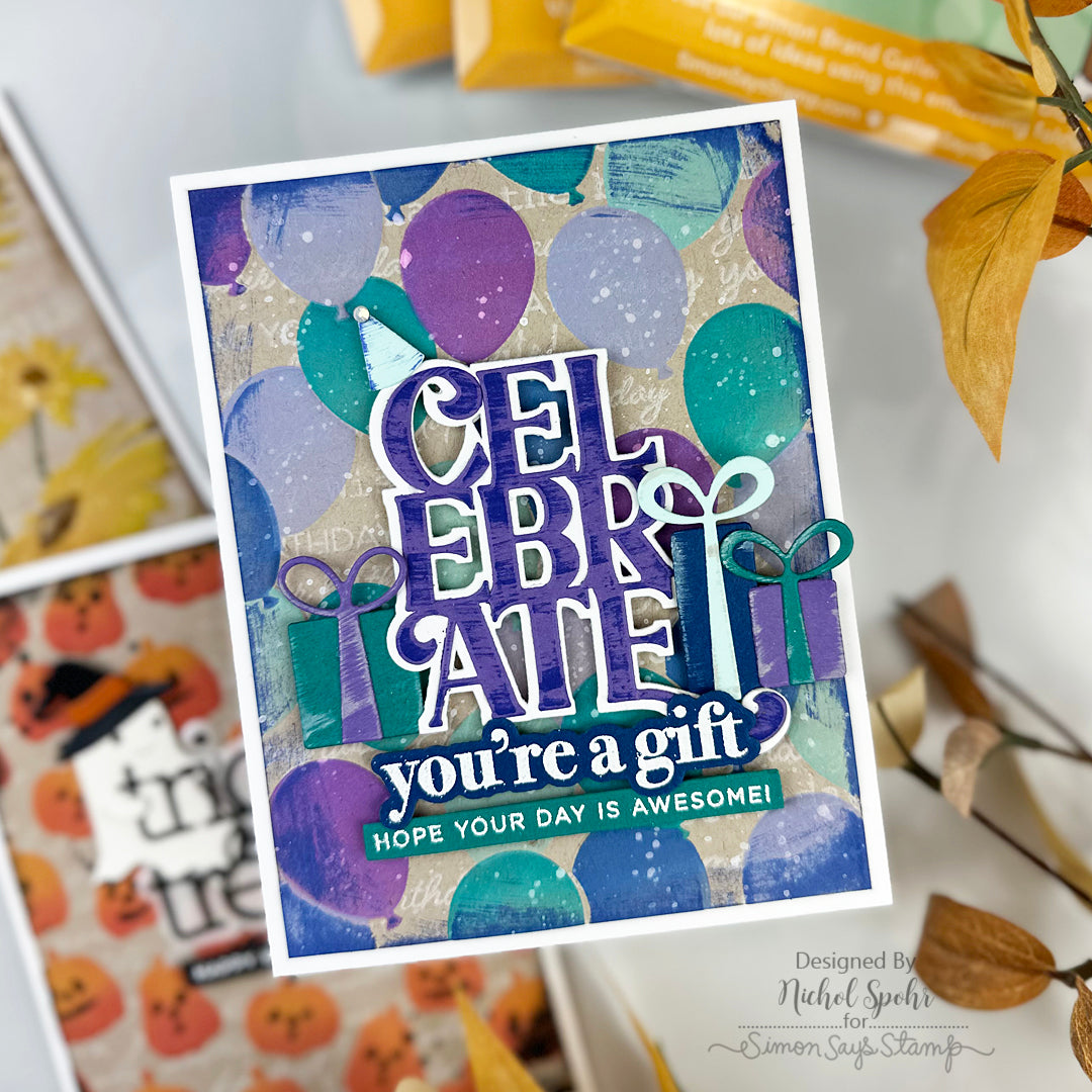 Simon Says Stamp Set of 5 Stencils Party Balloons 1165stc Nichol Spohr Cool Colors Birthday Card | color-code:ALT04