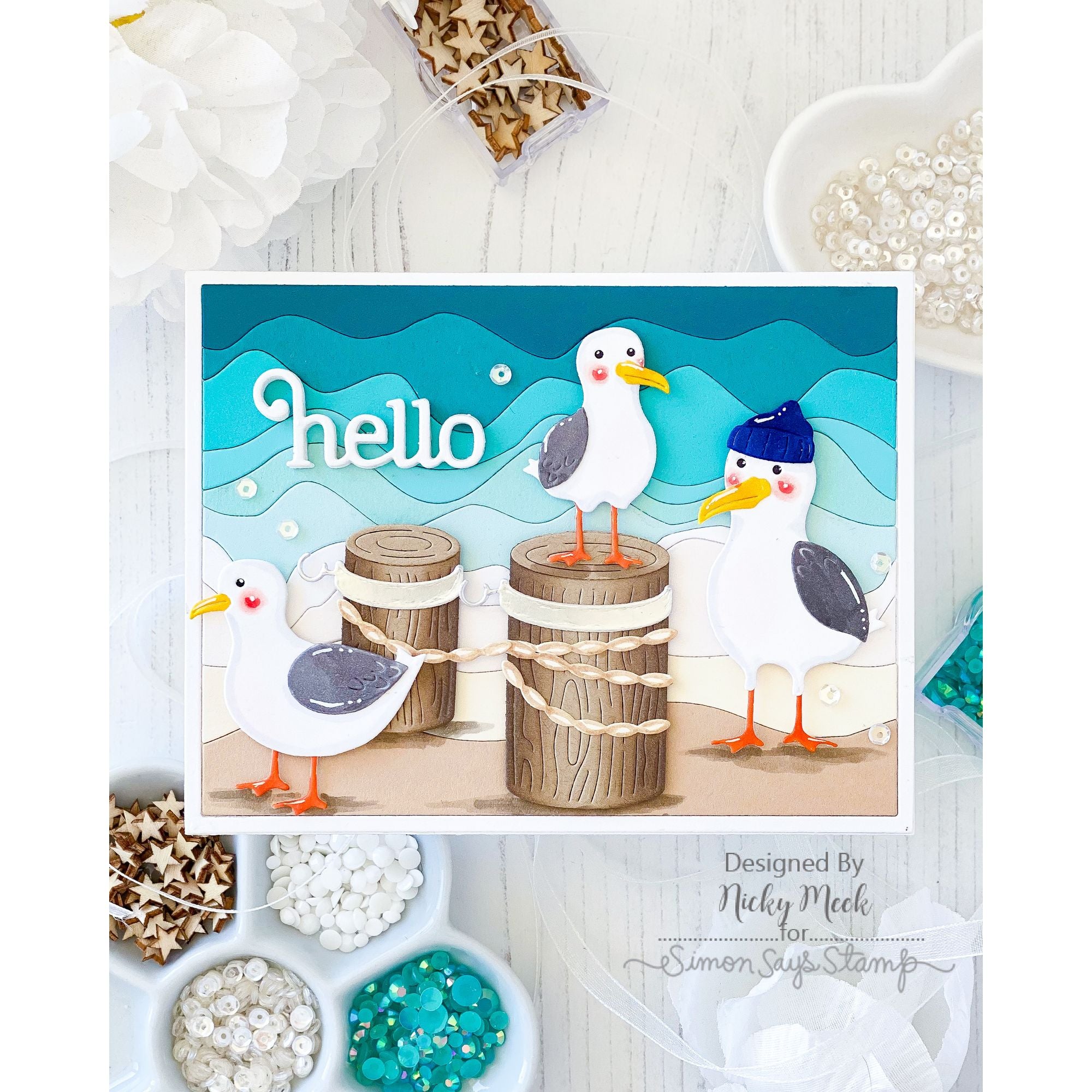 Simon Says Stamp Silly Seagulls Wafer Dies s1165 Shine On Hello Seagulls Card Nicky Meek