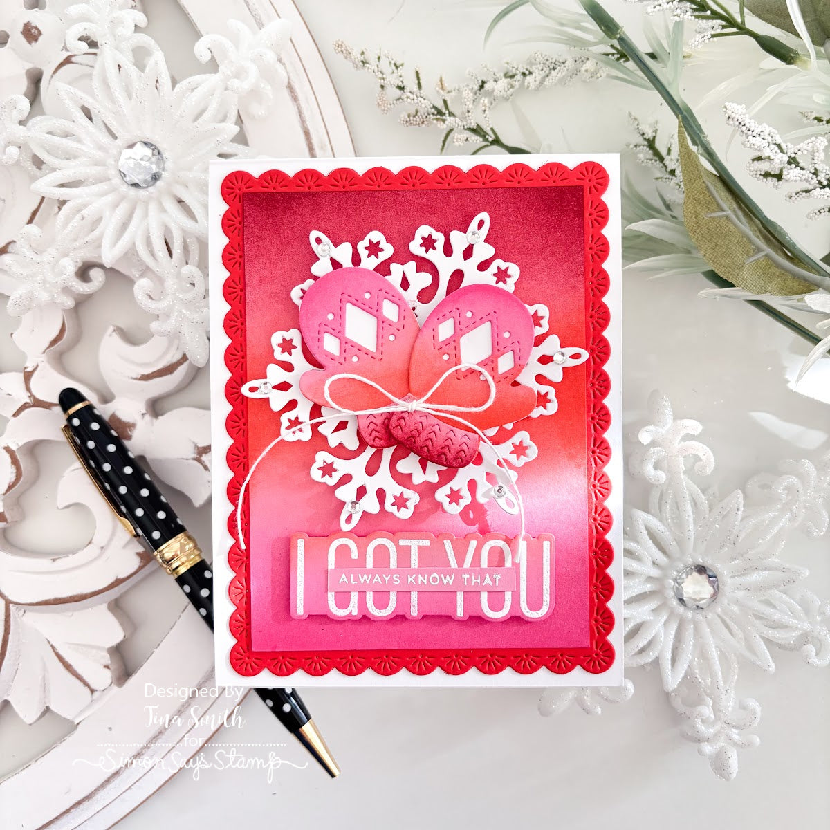 Simon Says Stamp Starlet Snowflake Wafer Dies 1666sd Sending Cheer Tina Smith Pink and Orange Mittens Encouragement Card