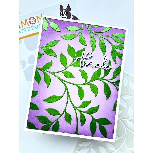 Simon Says Stamp Stencil Leafy Greens 1139st Shine On Green and Purple Thanks Card Revati Panickar