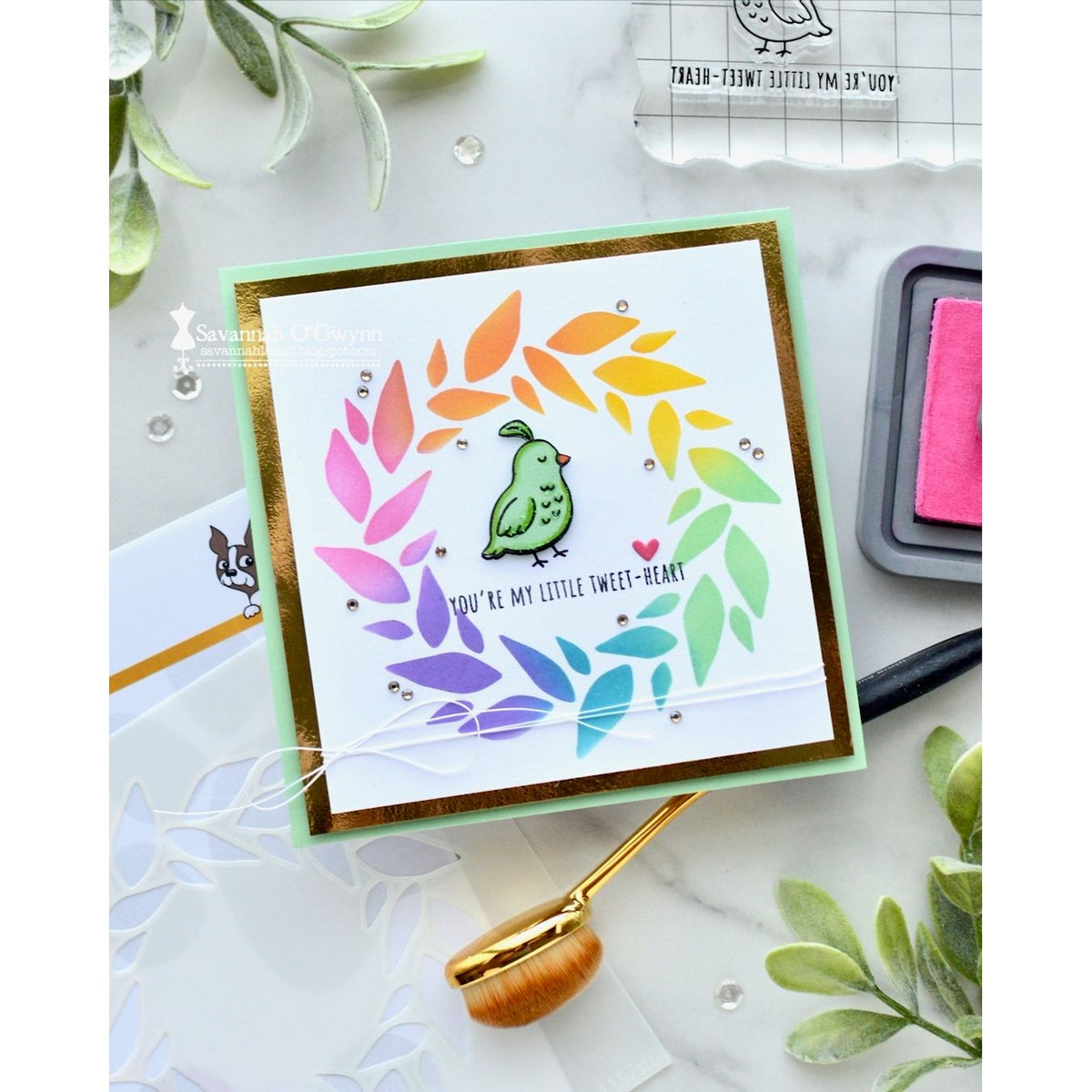 Simon Says Stamp Stencil Leafy Wreath 1157stc Sending Cheer Savannah O'Gwynn Tweet Heart Card
