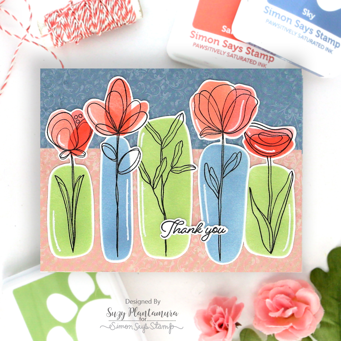 Simon Says Stamp Stencil Long Stem Florals Color Blocks 1125stc Thank Card Suzy Plantamura | color-code:ALT04