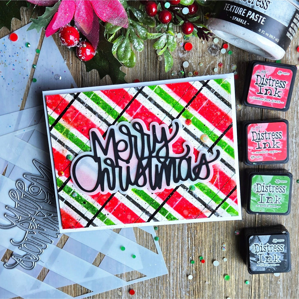 Simon Says Stamp Stencils Stripes and Plaid Builder 1048st Stamptember Christmas Card Kulbir Kirkland Script