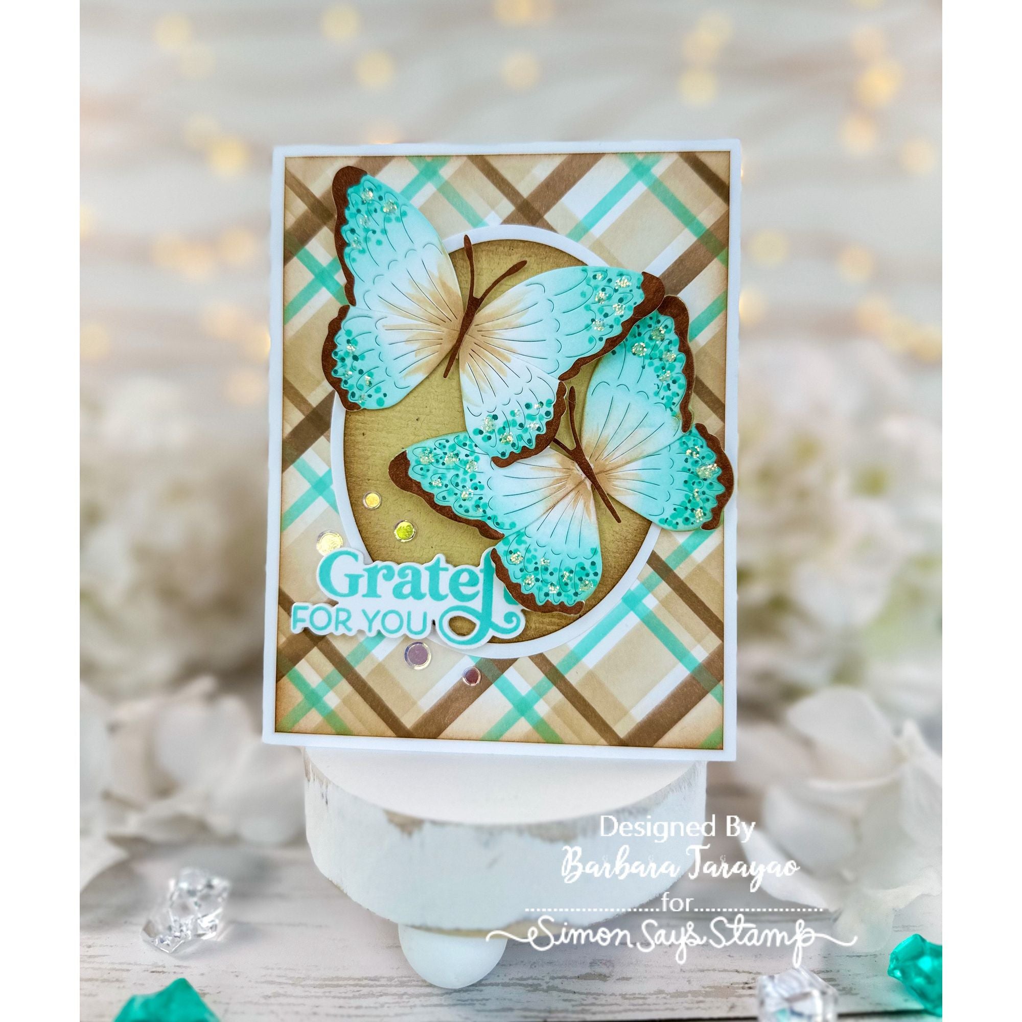 Simon Says Stamp Stencils Stripes and Plaid Builder 1048st Stamptember Grateful Card | color-code:ALT02 Barbara Tarayao Aqua Butterflies