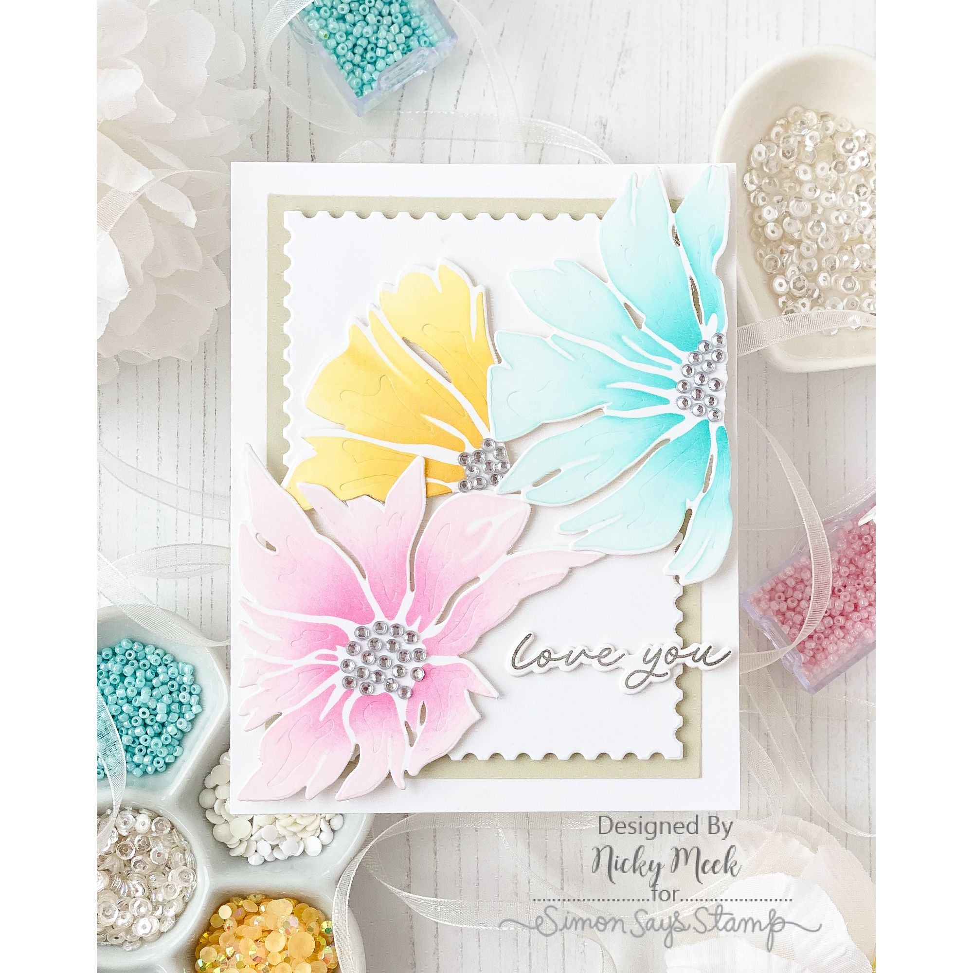 Simon Says Stamp Stencils and Dies Friendly Blossoms set1190fb In My Heart Love You Card