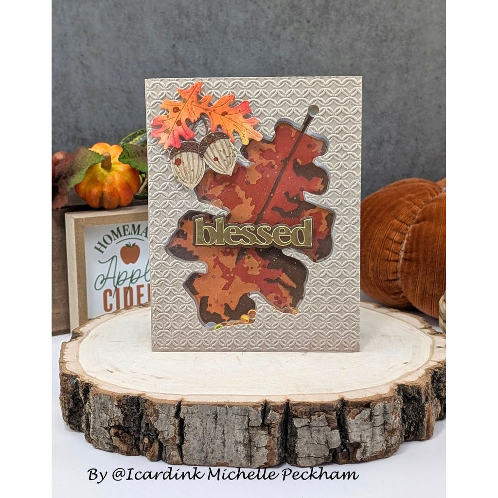 Simon Says Stamp Stencils and Dies Oak Leaf set1292ol Every Happiness Michelle Peckham Autumn Card