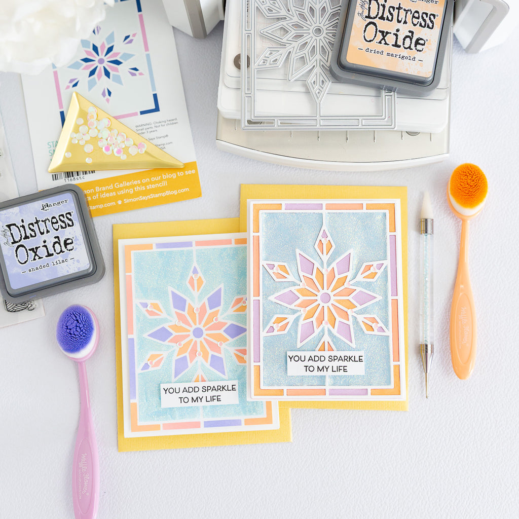 Simon Says Stamp Stencils and Dies Stained Glass Snowflake set1337sg Stamptember Celes Gonzalo Lovely Friend Cards