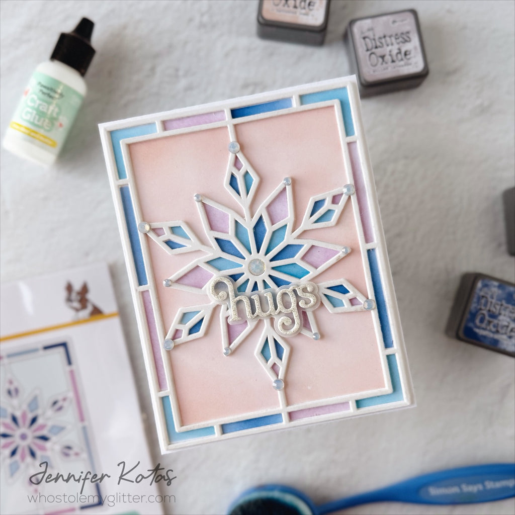 Simon Says Stamp Stencils and Dies Stained Glass Snowflake set1337sg Stamptember Jennifer Kotas Trendy Winter Card