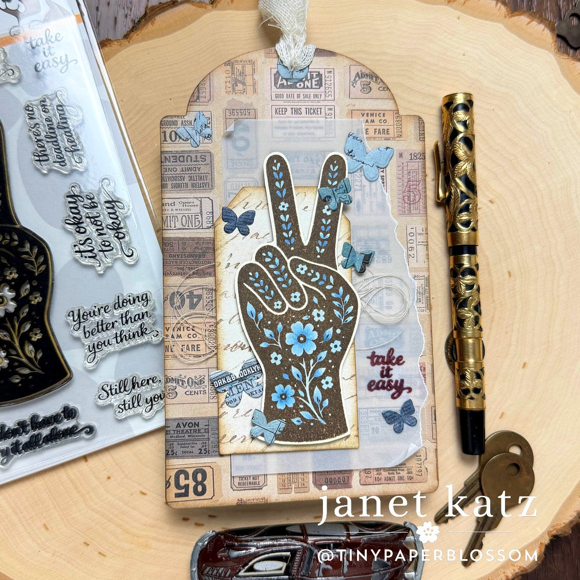 Simon Says Stamp Still Here Wafer Dies 1691sdc Sending Cheer Janet Katz Brown and Blue Peace Sign Encouragement Tag