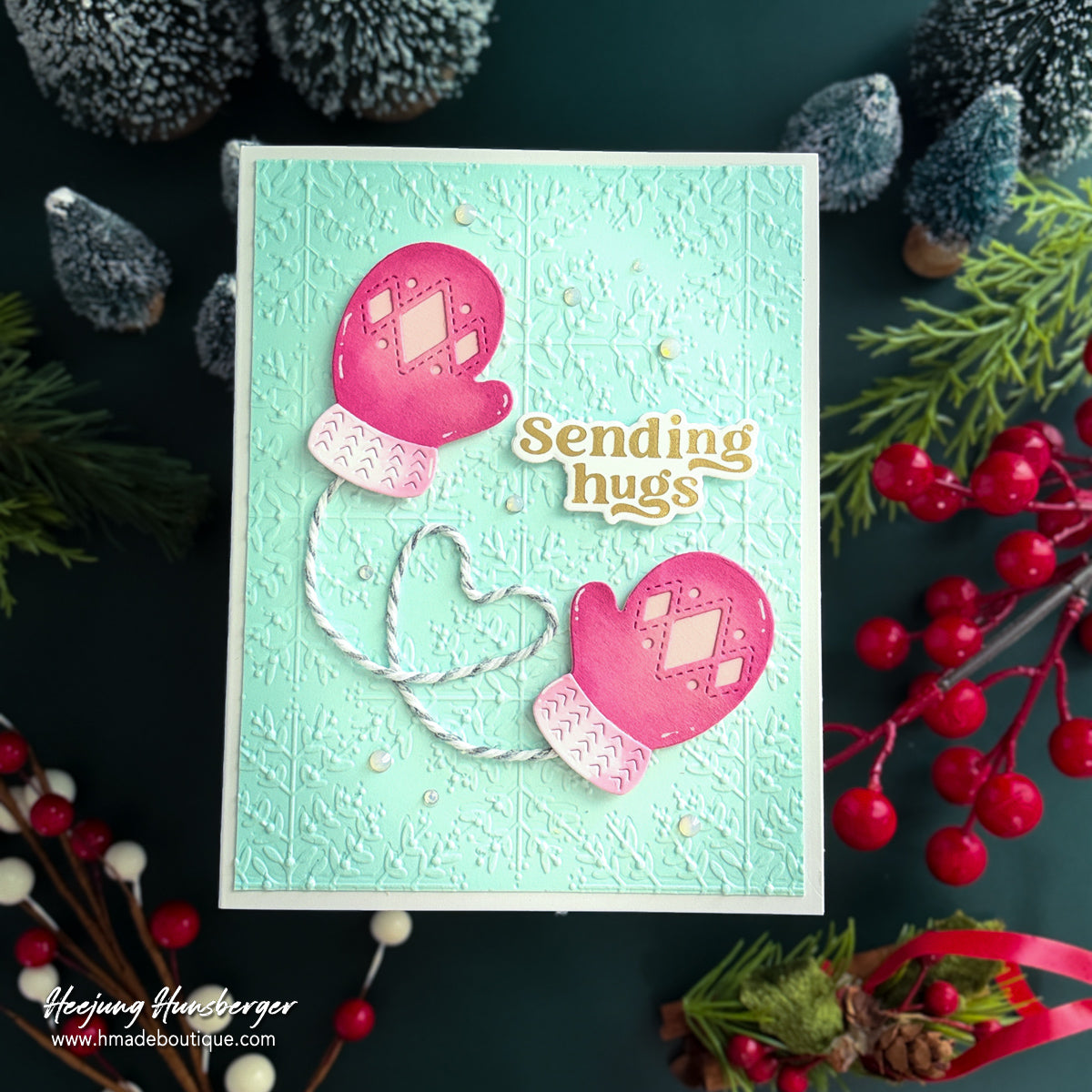 Simon Says Stamp Stitched Mittens Wafer Dies s1207 Sending Cheer Heejung Hunsberger Cute Cozy Christmas Card