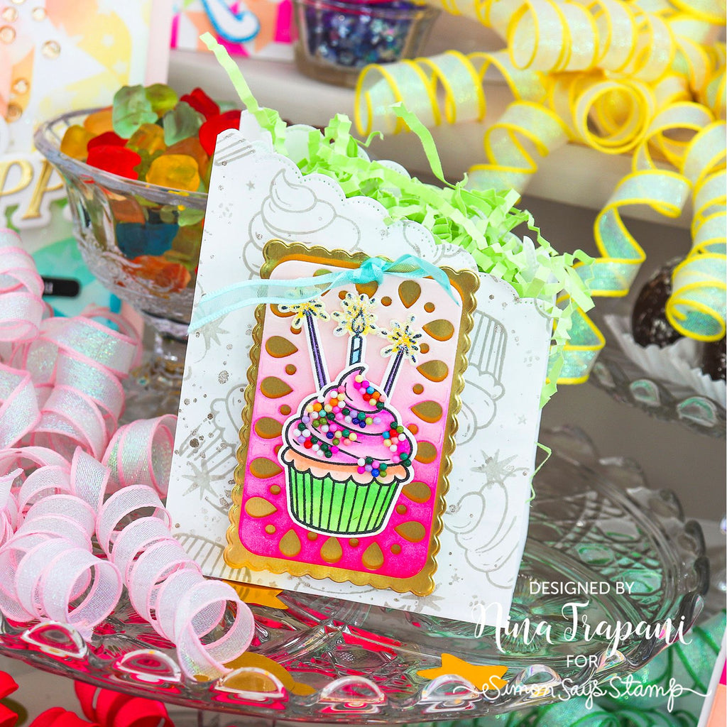 Simon Says Stamp Strike Up the Fun Wafer Dies 1685sdc Stamptember Nina-Marie Trapani Birthday Cupcake Gift Bag