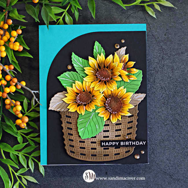 Simon Says Stamp Sunflower Basket Wafer Dies s1195 Stamptember Sandi MacIver Blooms on Black Birthday Card