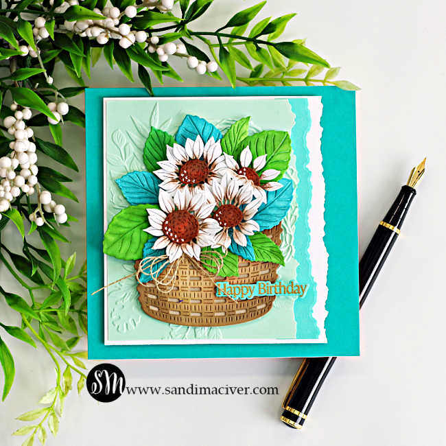 Simon Says Stamp Sunflower Basket Wafer Dies s1195 Stamptember Sandy MacIver White Floral Card 
