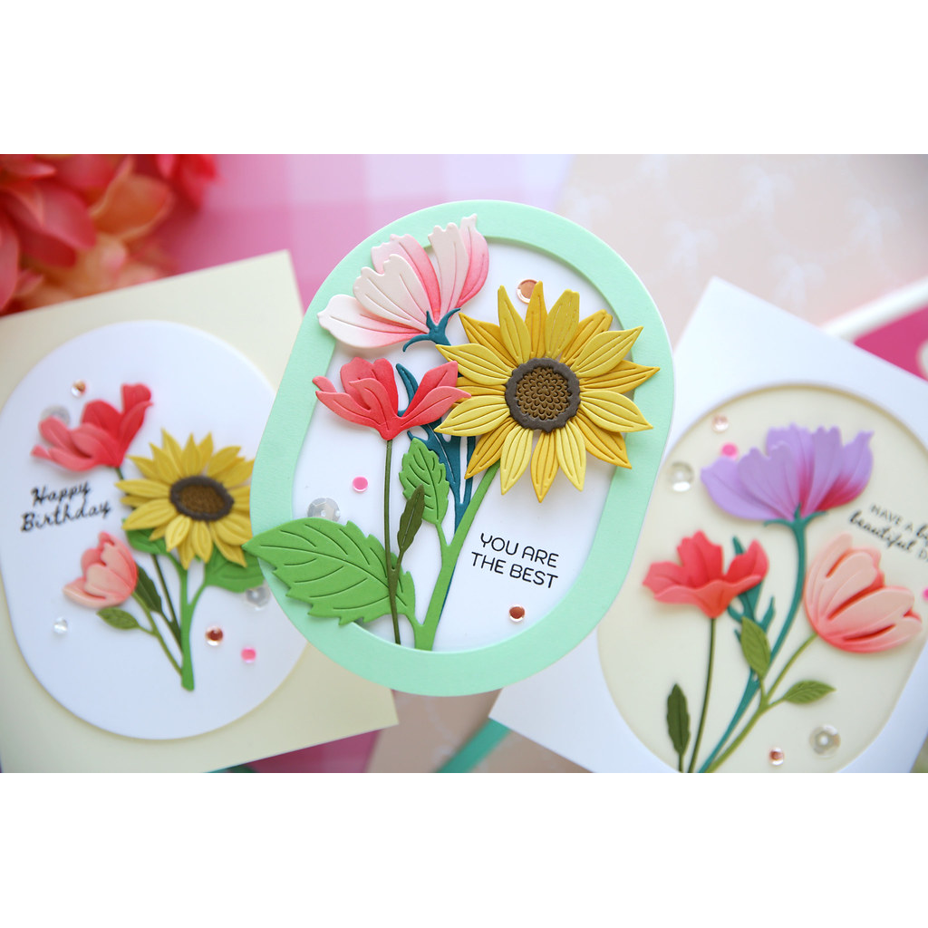 Simon Says Stamp Sunflower Blooms Wafer Dies s1144 Every Happiness Laura Bassen Three Clean and Simple Floral Cards