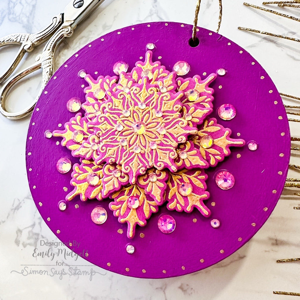Simon Says Stamp Swirly Snowflakes Wafer Dies 319sss Emily Midgett Fuchsia and Gold Holiday Gift Tag