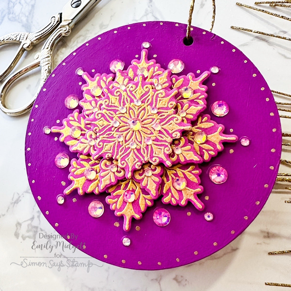 Simon Says Stamp Swirly Snowflakes Wafer Dies 319sss Emily Midgett Fuchsia and Gold Holiday Gift Tag