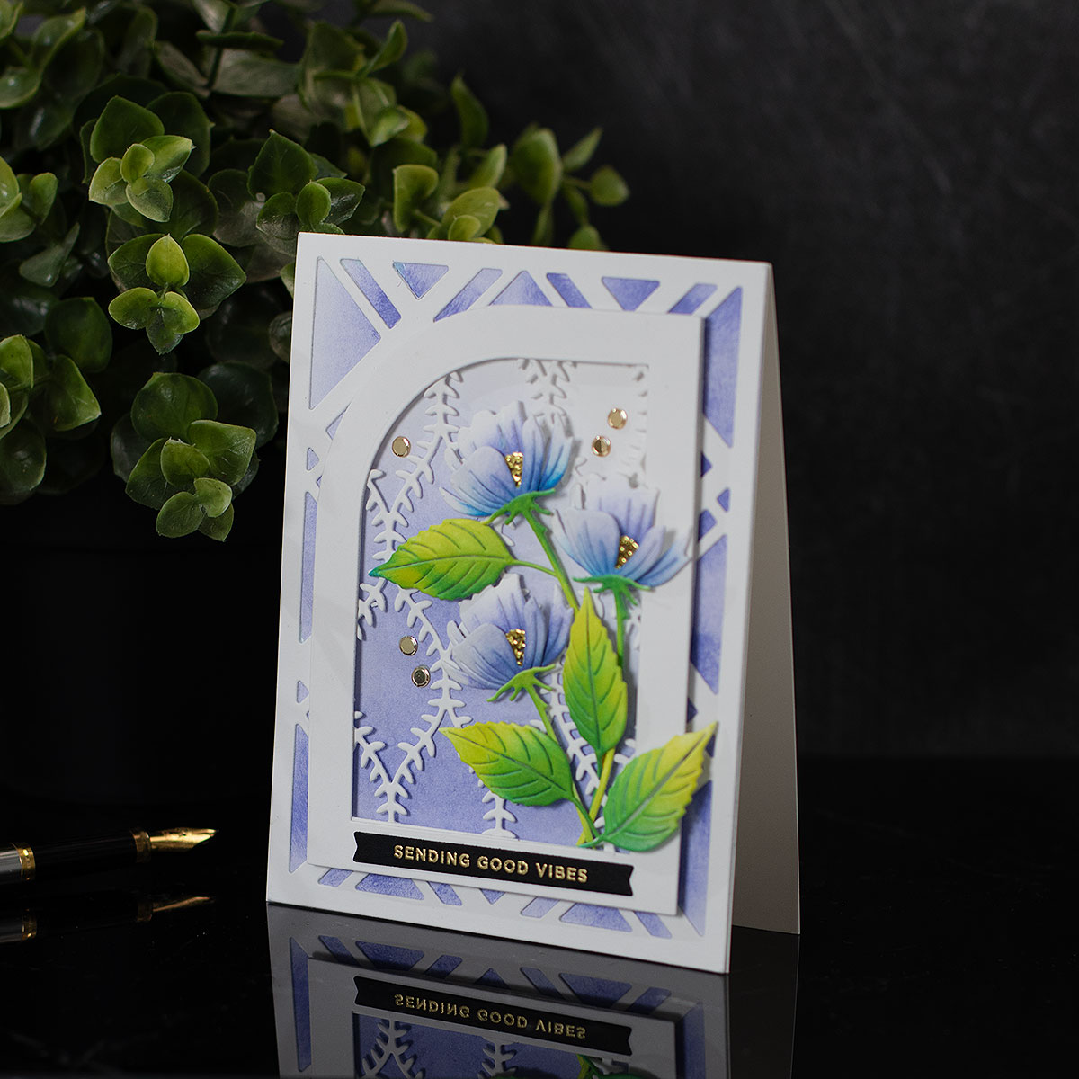 Simon Says Stamp Tender Blossom Wafer Dies s1225 Stamptember Bibi Cameron Good Vibes floral card with periwinkle flowers and plaid background