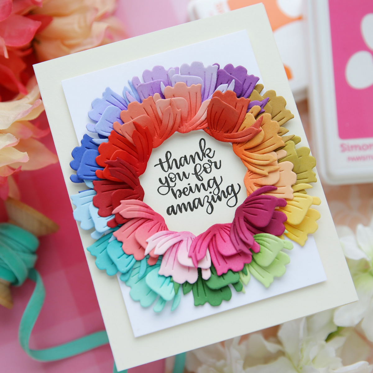 Simon Says Stamp Tender Blossom Wafer Dies s1225 Stamptember Laura Bassen Rainbow Flower Wreath Thank You Card | color-code:ALT02