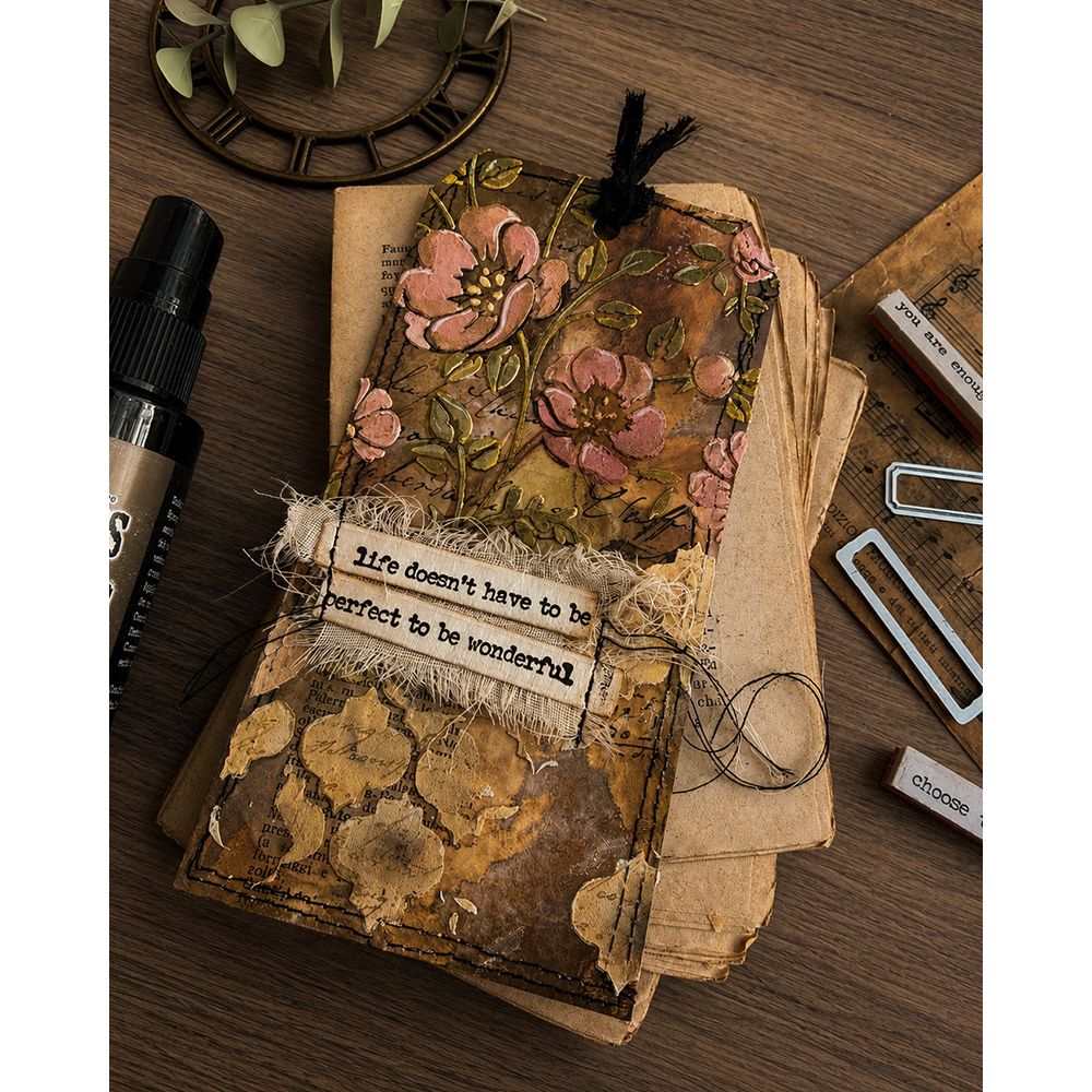 Simon Says Stamp Tiny Text Wafer Dies 394sss Zoey Scarpelli Mixed Media Floral Tag