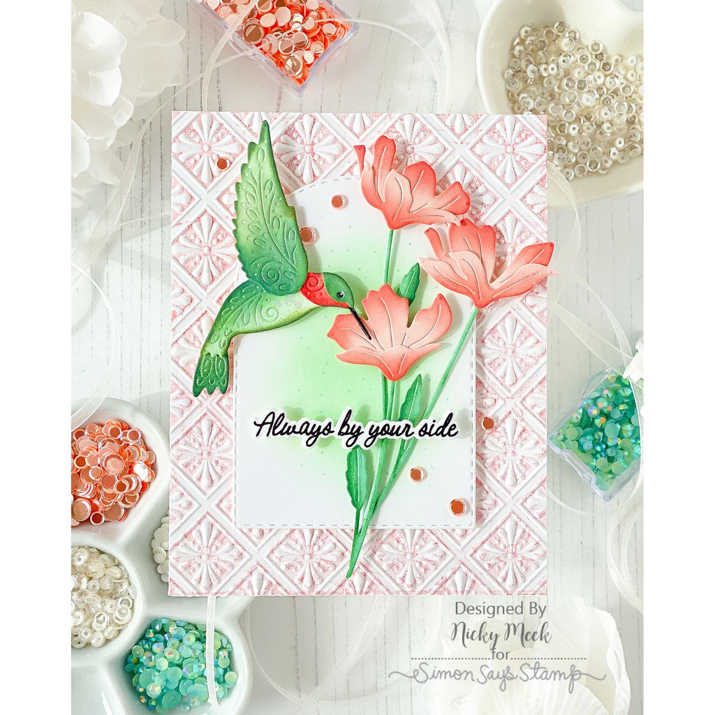 Simon Says Stamp Tissue Petal Stems Wafer Dies s1142 Every Happiness Nicky Meek Hummingbird and Flowers Card