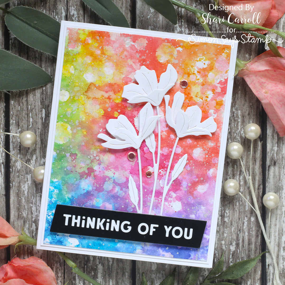 Simon Says Stamp Tissue Petal Stems Wafer Dies s1142 Every Happiness Shari Carroll White Florals on Colorful Background Card