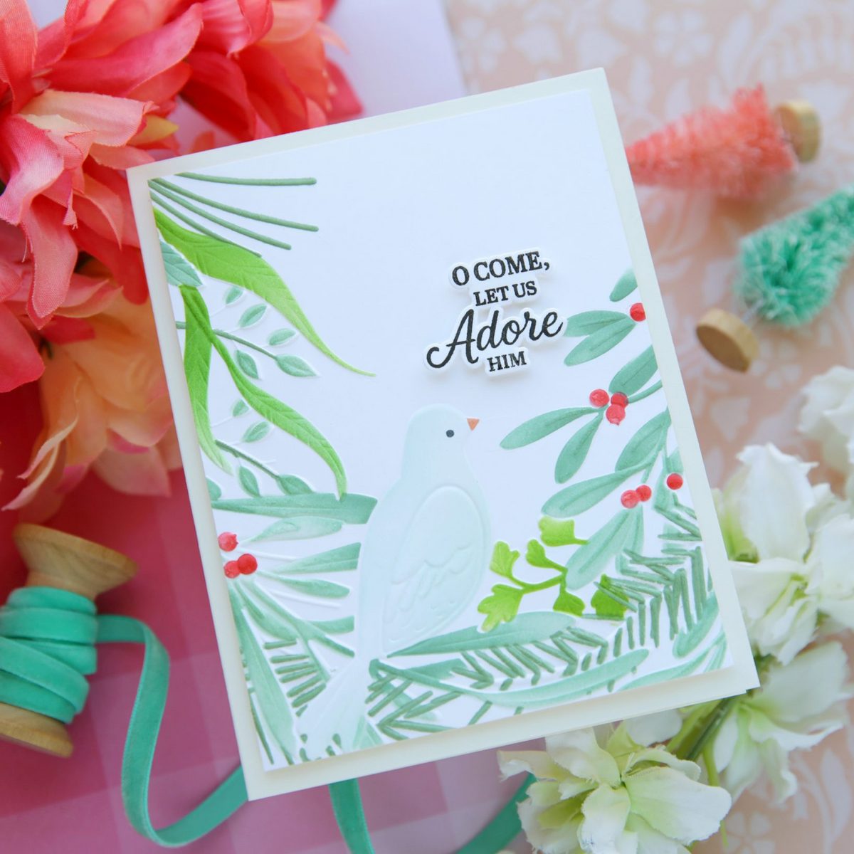 Simon Says Stamp Tranquil Dove Embossing Folder and Die sfd563set Laura Bassen Sacred Christmas Card | color-code:ALT05