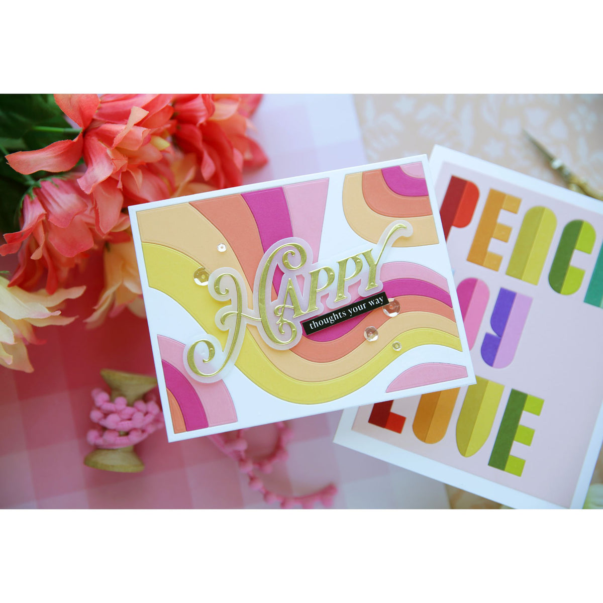 Simon Says Stamp Wavy Rainbow Wafer Die 1624md Stamptember Laura Bassen Happy Thoughts Waves Card