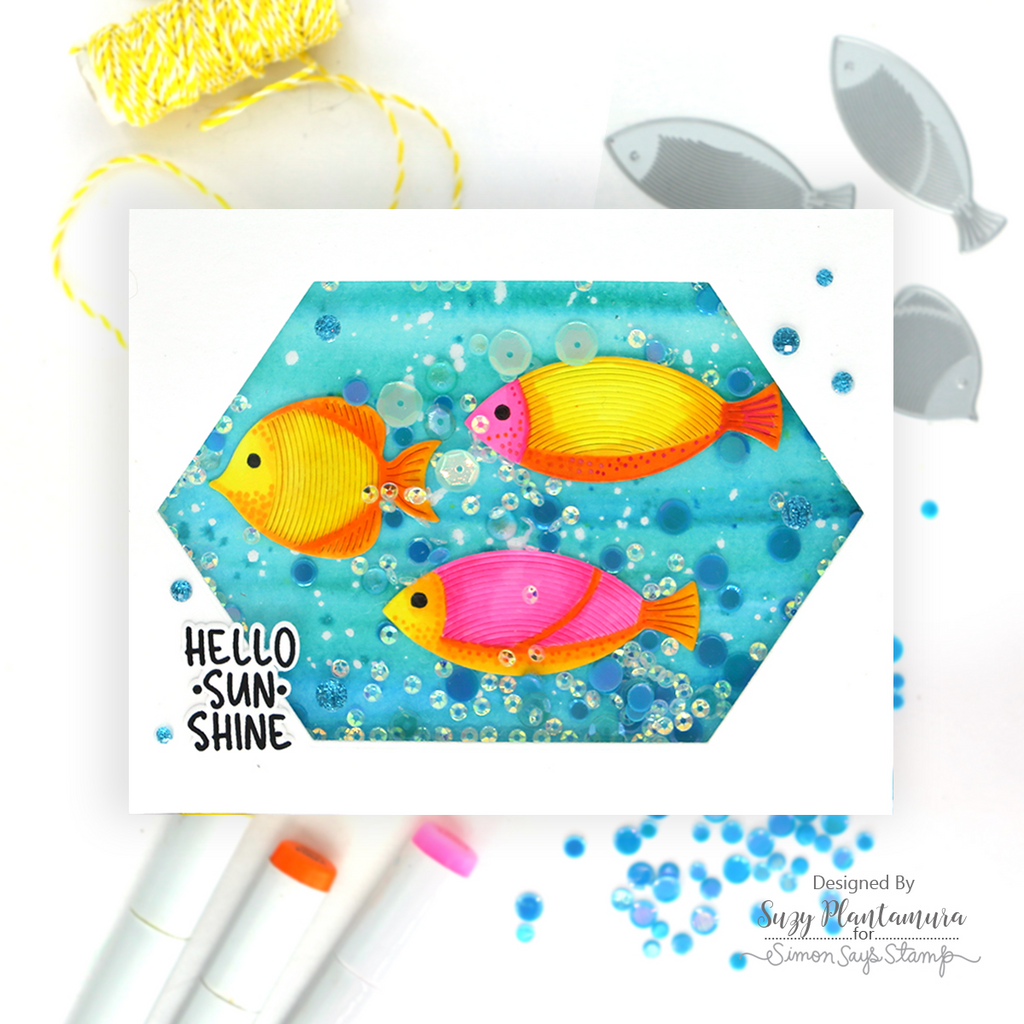 Simon Says Stamp Whirl Fish Wafer Dies s1171 Shine On Bright Fish Sparkly Shaker Card Suzy Plantamura | color-code:ALT01