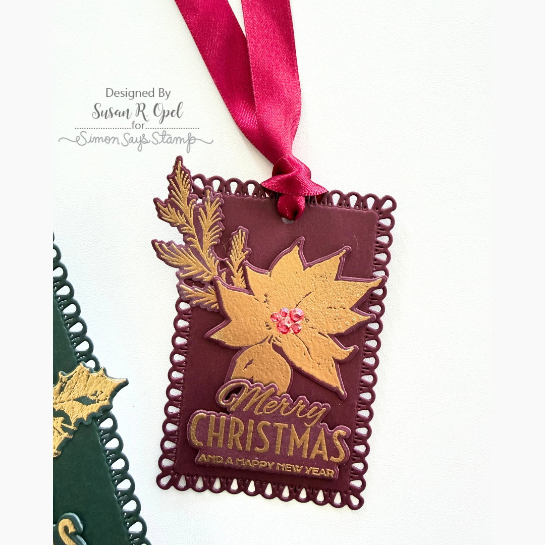 Simon Says Stamp Winter Watercolor Wafer Dies 354sss Susan R. Opel Elegant Maroon and Hold Christmas Gift Tag