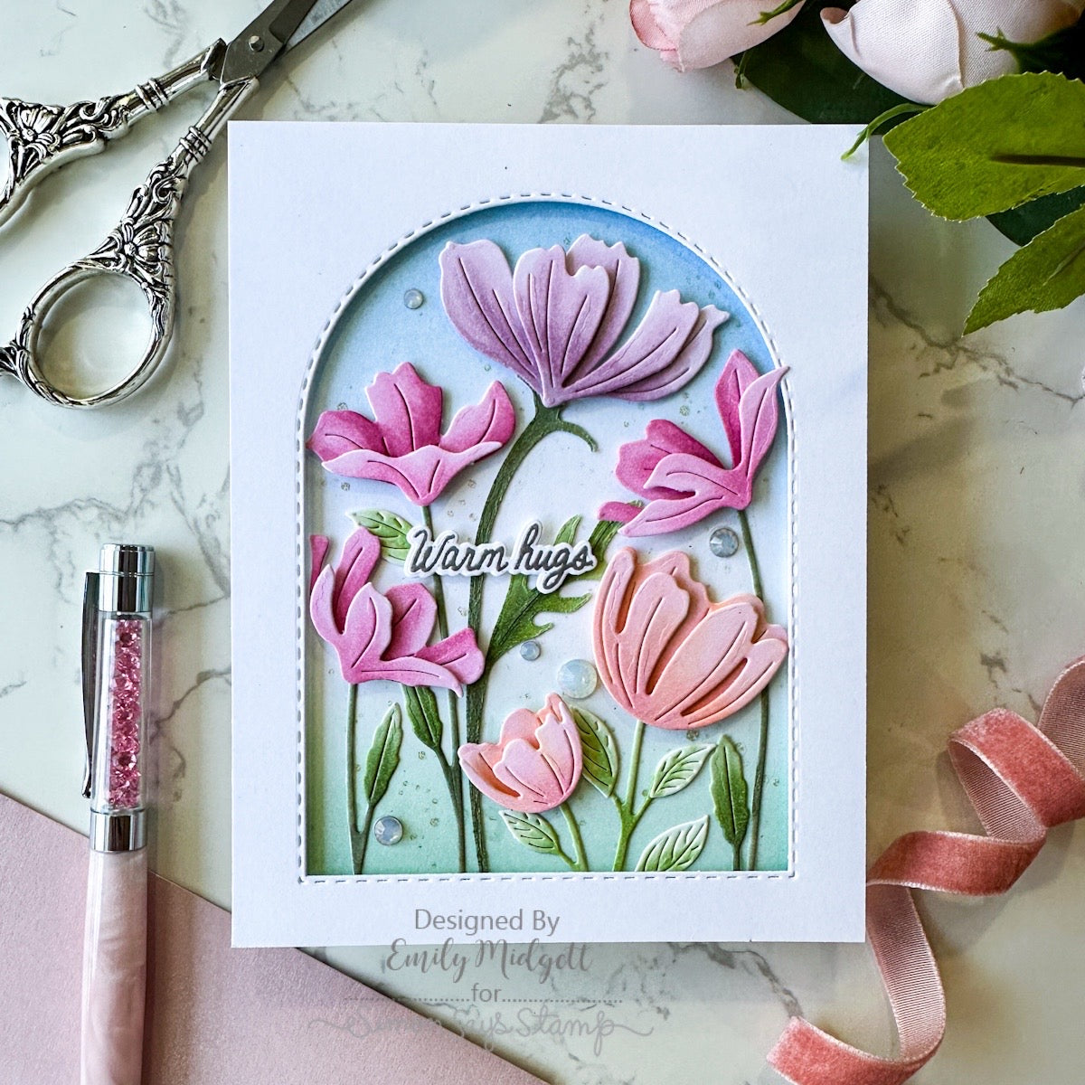 Simon Says Stamp Wishflower Stem Wafer Dies s1143 Every Happiness Emily Midgett Arch and Flowers Hugs Card