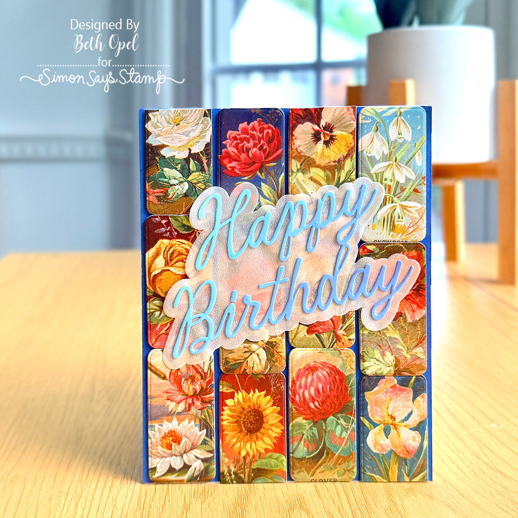 Simon Says Stamp XL Darling Script Greetings Wafer Dies 1740sd Beth Opel Vintage Flowers Birthday Card