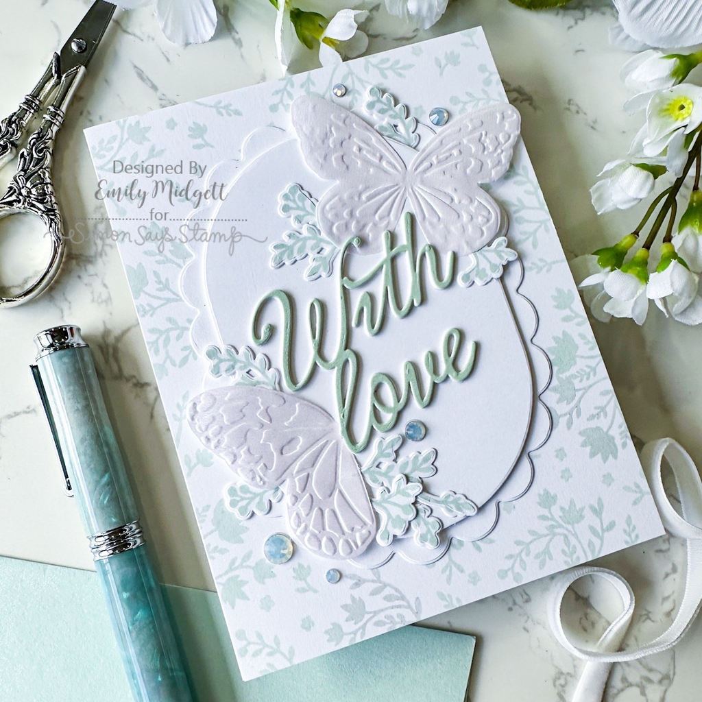 Simon Says Stamp XL Darling Script Greetings Wafer Dies 1740sd Emily Midgett Butterflies With Love Card