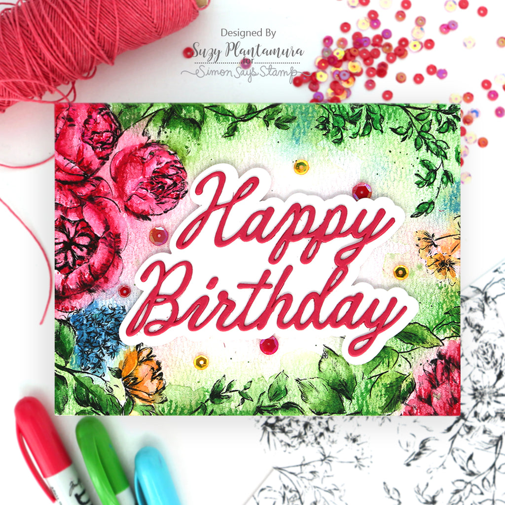 Simon Says Stamp XL Darling Script Greetings Wafer Dies 1740sd Suzy Plantamura Bold Colors Floral Birthday Card