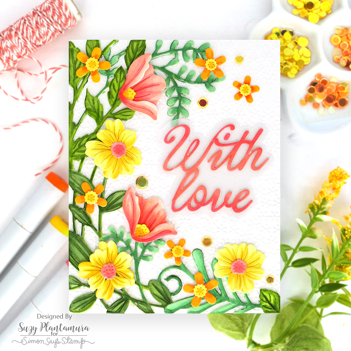 Simon Says Stamp XL Darling Script Greetings Wafer Dies 1740sd Suzy Plantamura Bold Colors Floral Love Card | color-code:ALT03
