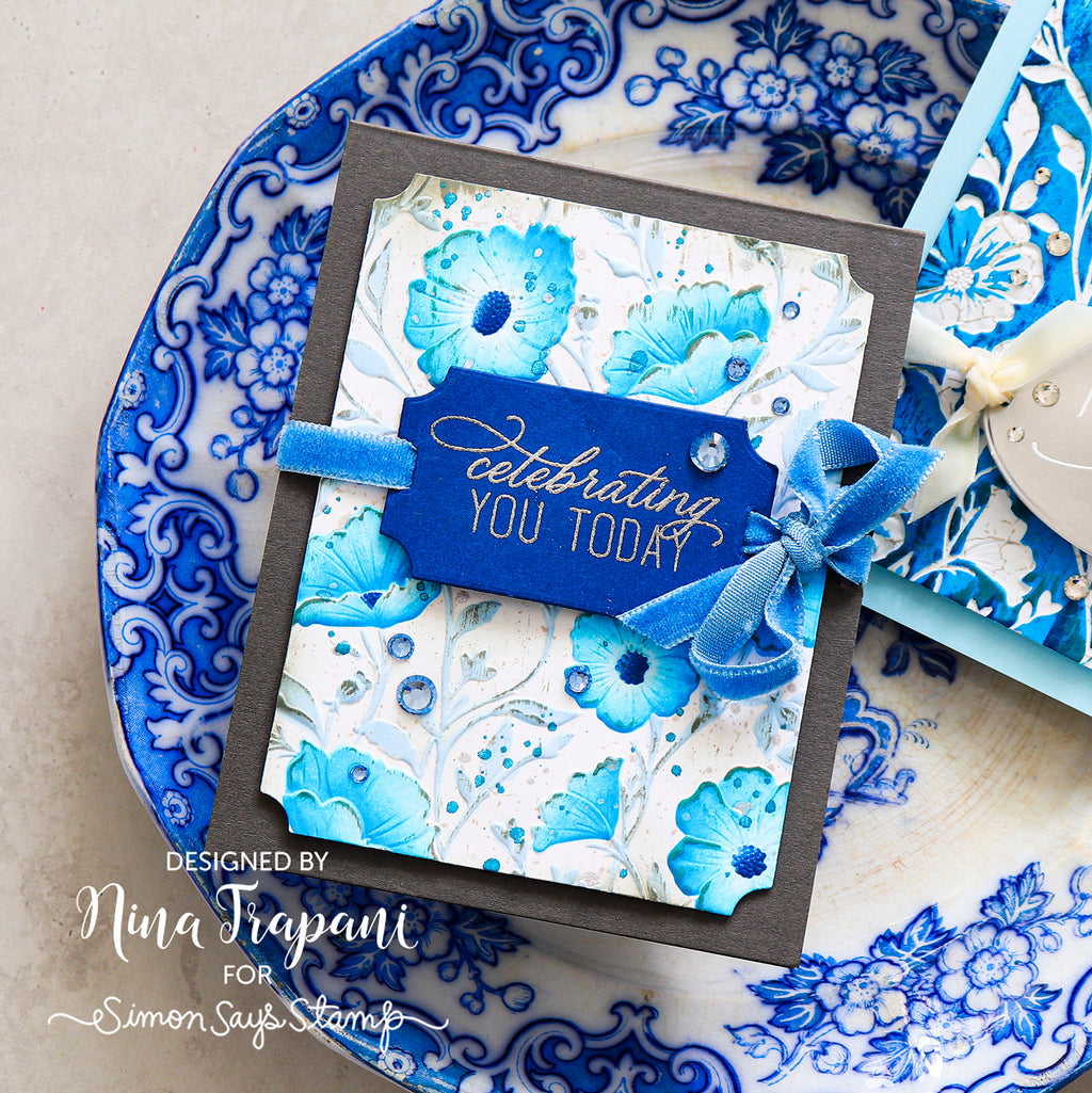 Simon Says Stamp XL Label Slides Wafer Dies 1782sd Nina-Marie Trapani Blue Floral Birthday Card
