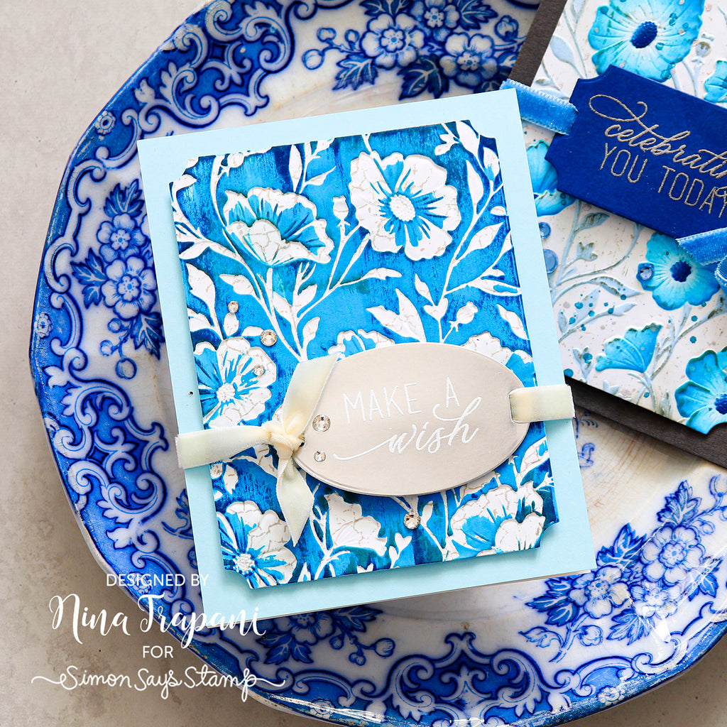 Simon Says Stamp XL Label Slides Wafer Dies 1782sd Nina-Marie Trapani Blue Floral Make a Wish Card