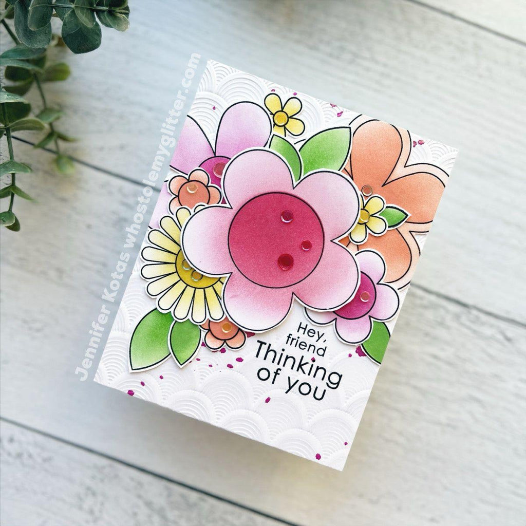 Simon Says Stamps And Stencil Flower Power set773fp Celebrate Thinking of You Card Jennifer Kotas