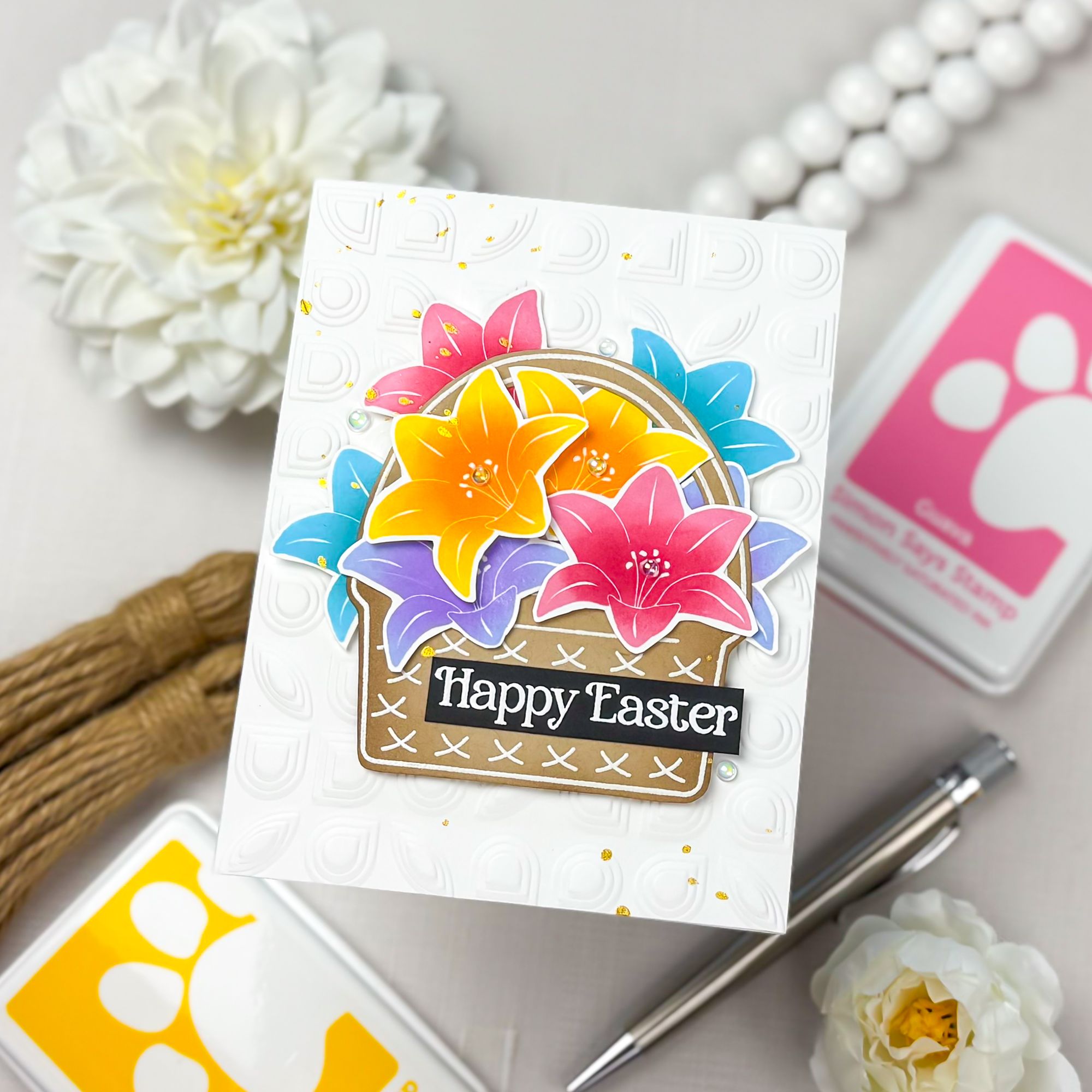 Simon Says Stamps, Dies and Stencil Basket of Blooms set1175bb Beautiful Moments Easter Card Charlene Madrid Multicolor Lilies