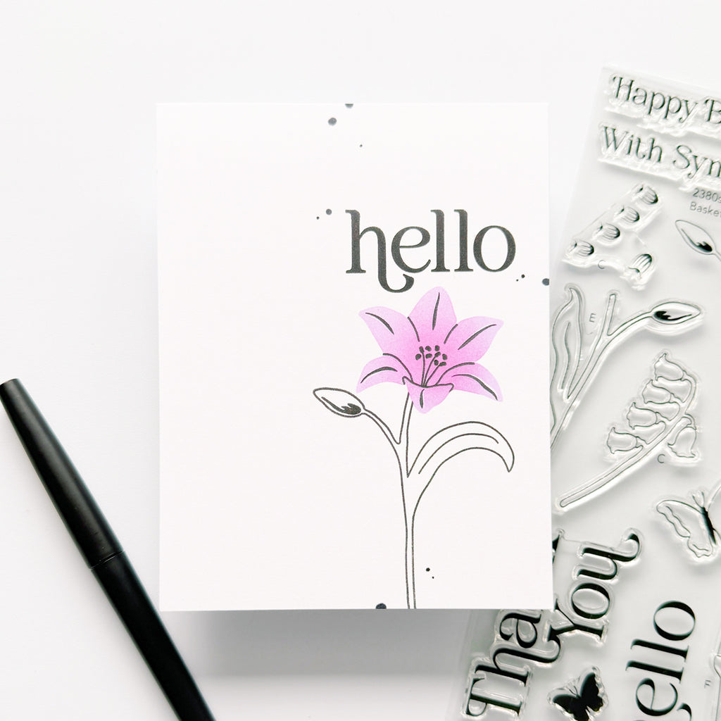 Simon Says Stamps, Dies and Stencil Basket of Blooms set1175bb Beautiful Moments Hello Card Carly Minner Simple Bloom