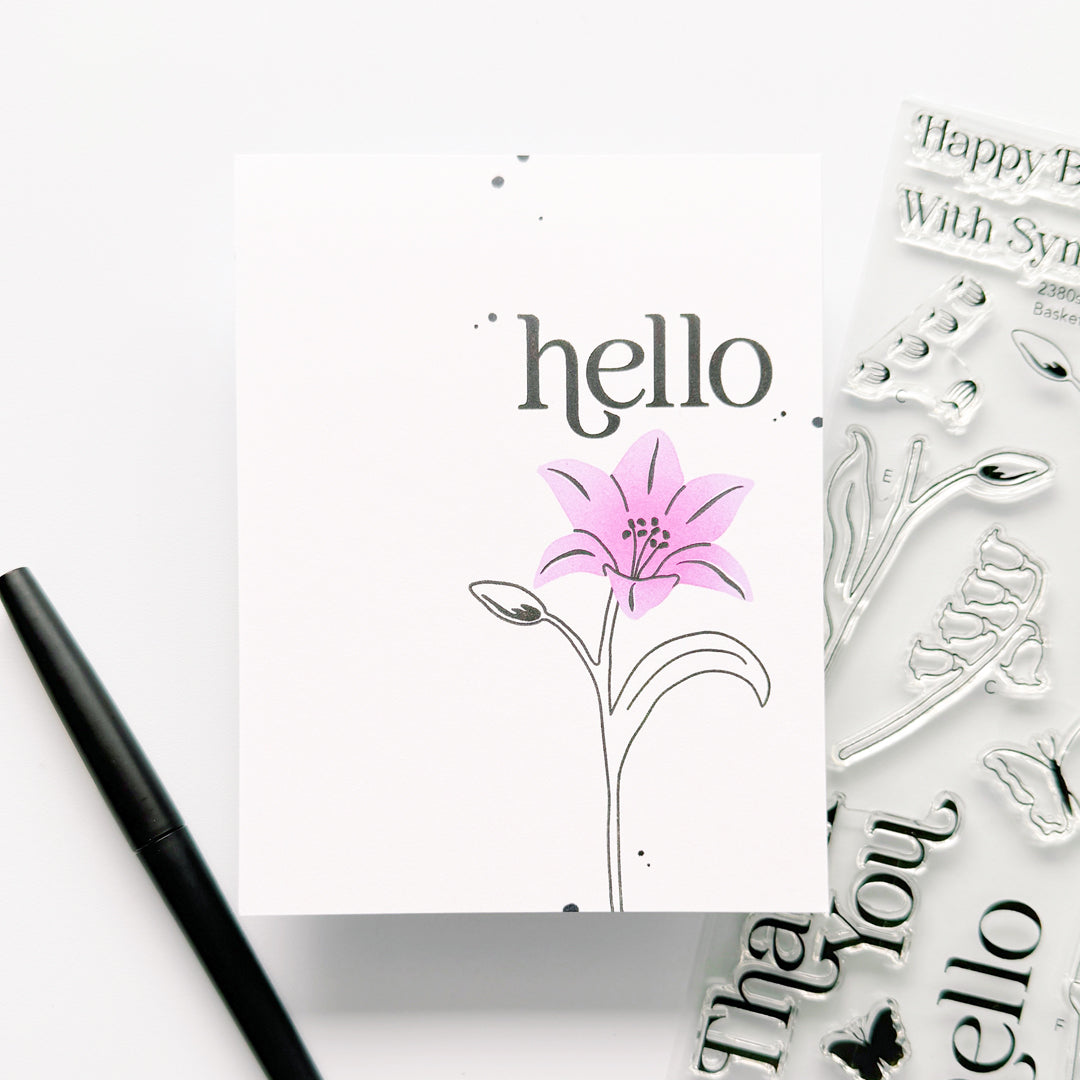 Simon Says Stamps, Dies and Stencil Basket of Blooms set1175bb Beautiful Moments Hello Card Carly Minner Simple Bloom